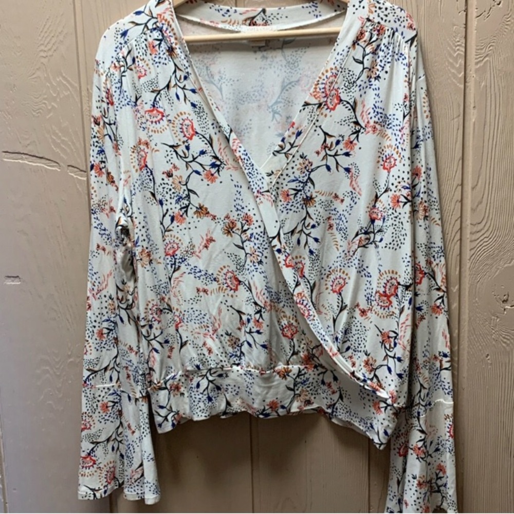 Floral Wrap Blouse with Long Bell Sleeves